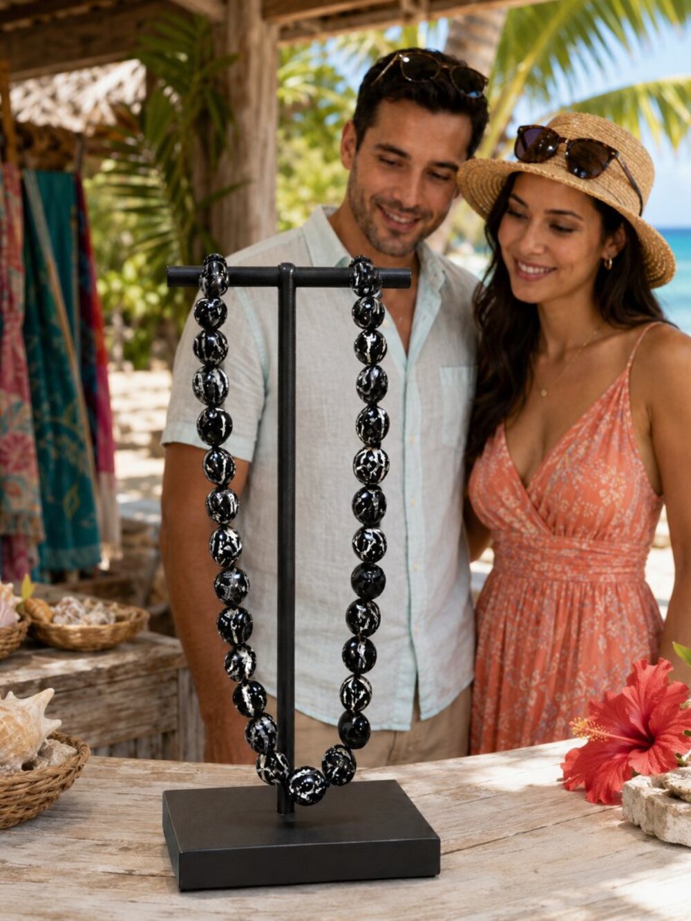 Black and Silver Marbled Hawaiian Kukui Nut Lei Necklace